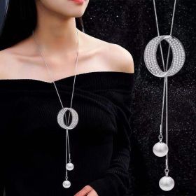 Non-fading Chain Adjustable Long Sweater Necklace Clothes Accessories Pendant (Option: Silver Circle)