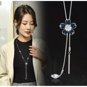Non-fading Chain Adjustable Long Sweater Necklace Clothes Accessories Pendant (Option: Blue Crystal Flowers)