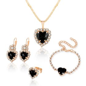 Heart Shape Rhinestone Necklace Earring Ring Bracelet 4 PCs Set (Option: Sku8750 Black)