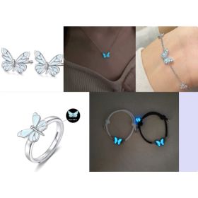Fashion Blue Luminous Butterfly Necklace Bracelet Set For Glow In The Dark Women Clavicle Chain Choker Party Jewelry Set Gift (Option: Set3)
