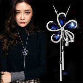 Non-fading Chain Adjustable Long Sweater Necklace Clothes Accessories Pendant (Option: Blue Flowers)