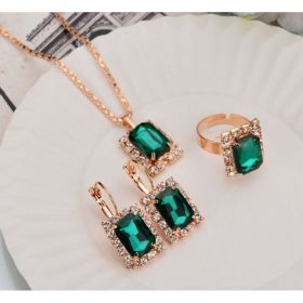 The Crystal Set Necklace Earring Ring Three-piece Set (Option: green)