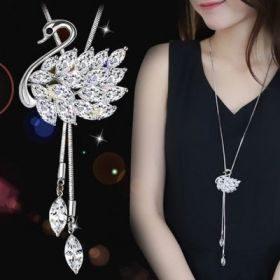 Non-fading Chain Adjustable Long Sweater Necklace Clothes Accessories Pendant (Option: Crystal White Swan)