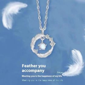 925 Silver Plated  Feather Shape Pendant Necklace Moonstone Round Bead Jewelry Choker Gift (Option: XU0040)