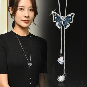 Non-fading Chain Adjustable Long Sweater Necklace Clothes Accessories Pendant (Option: Blue Crystal Butterfly)