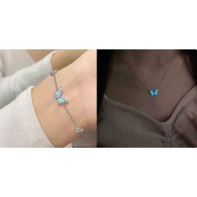 Fashion Blue Luminous Butterfly Necklace Bracelet Set For Glow In The Dark Women Clavicle Chain Choker Party Jewelry Set Gift (Option: Set1)