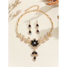 Vintage Alloy Diamond Multi-color Flower Resin Necklace Earrings (Option: black)