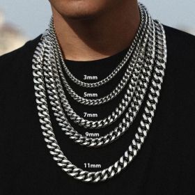 Stainless Steel Gold Silver Chain Cuban Curb Womens Mens Necklace (Option: Silver-28inch 11mm)