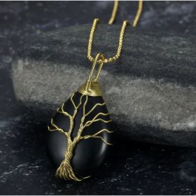 Celtic Tree Of Life Pendant & Chain On Teardrop Semi-Precious Stone (Option: Black Agate)