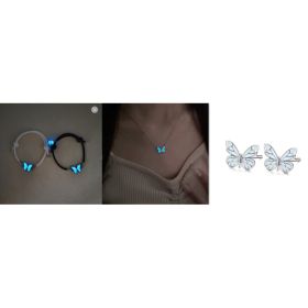 Fashion Blue Luminous Butterfly Necklace Bracelet Set For Glow In The Dark Women Clavicle Chain Choker Party Jewelry Set Gift (Option: Set)