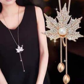 Non-fading Chain Adjustable Long Sweater Necklace Clothes Accessories Pendant (Option: Golden Maple Leaf)
