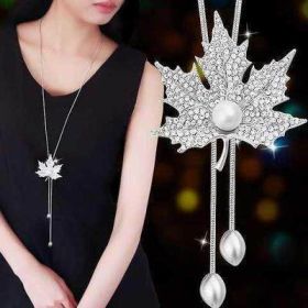 Non-fading Chain Adjustable Long Sweater Necklace Clothes Accessories Pendant (Option: Silver Maple Leaf)