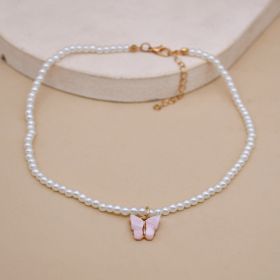 Elegant White Pearl Choker Necklace Small Round Pearl Wedding Butterfly Necklace For Women Charm Fashion Jewelry (Option: pink)
