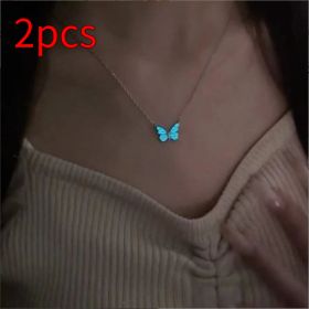 Fashion Blue Luminous Butterfly Necklace Bracelet Set For Glow In The Dark Women Clavicle Chain Choker Party Jewelry Set Gift (Option: Necklace 2PCS)
