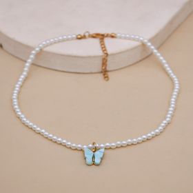 Elegant White Pearl Choker Necklace Small Round Pearl Wedding Butterfly Necklace For Women Charm Fashion Jewelry (Option: blue)