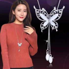 Non-fading Chain Adjustable Long Sweater Necklace Clothes Accessories Pendant (Option: Cat's Eye Butterfly)